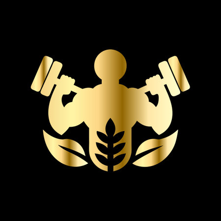 Fitness emblem with dumbbells and wheat. Vector illustration.のイラスト素材