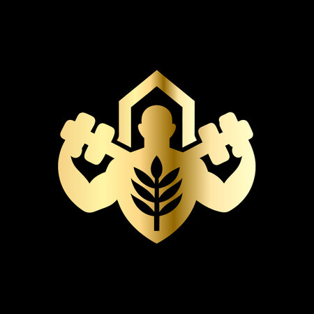 Gold Dumbbell logo. Fitness and bodybuilding emblem. Vector illustrationのイラスト素材