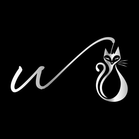 Black and white cat and letter U. Vector illustration on black background.のイラスト素材