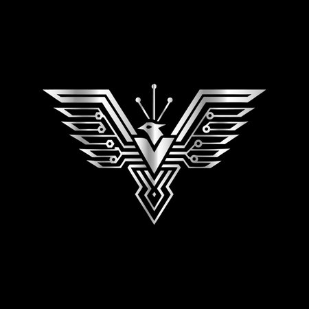 Letter V with wings and circuit board. Vector illustration on black background.のイラスト素材