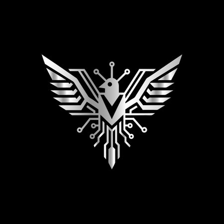 Circuit board logo with wings and crown. Vector illustration on black background.のイラスト素材