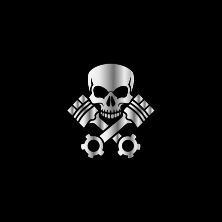 Skull with crossed pistons and wrench. Vector illustration on black background.のイラスト素材