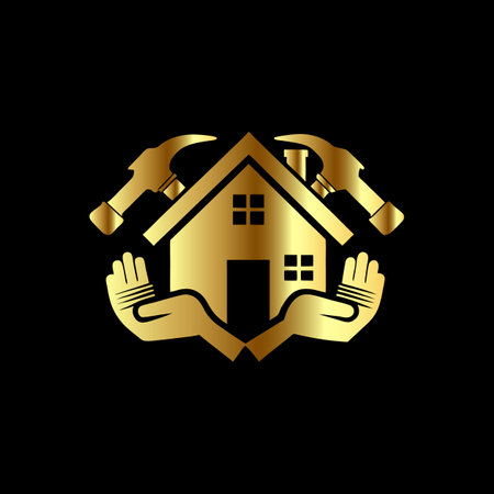 Real estate logo. Golden house with hands and hammer. Vector illustration.のイラスト素材