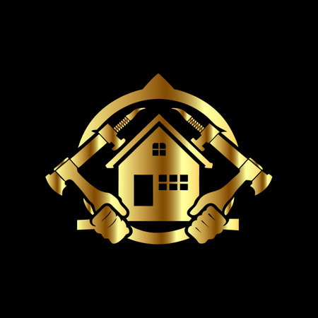 Two crossed axes and house. Gold emblem on black background. Vector illustration.のイラスト素材