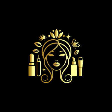 Beauty salon logo with woman face and cosmetics. Vector illustration.のイラスト素材