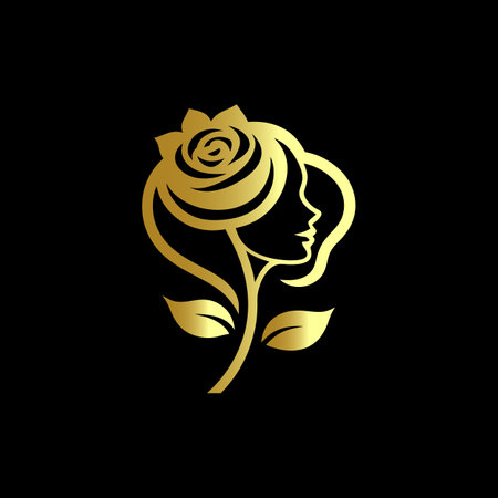 Beautiful woman face with rose flower logo. Vector illustration on black background.のイラスト素材