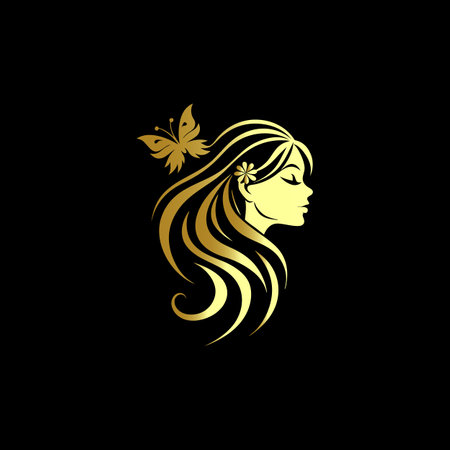 Beautiful woman face with butterfly in hair. Vector illustration on black background.のイラスト素材