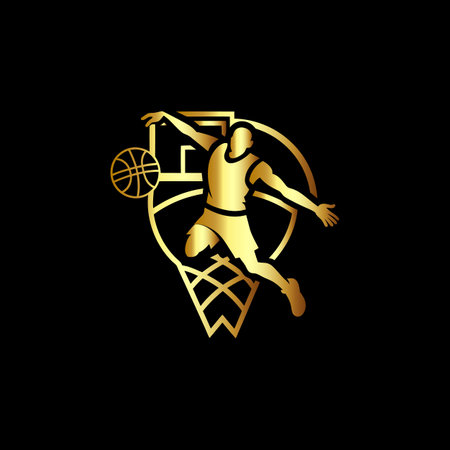Basketball player logo with basket ball and basketball hoop. Vector illustration.のイラスト素材