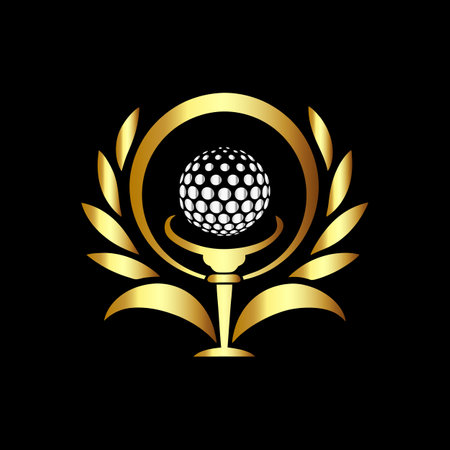 Gold golf club and laurel wreath on black background. Vector illustration.のイラスト素材