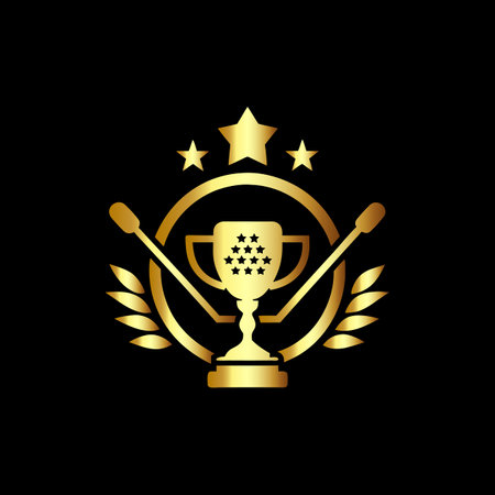 Trophy cup and laurel wreath. Golden award symbol on black backgroundのイラスト素材