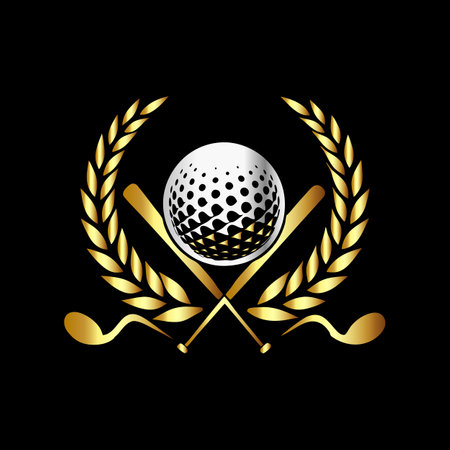 Gold golf emblem with ball, club and laurel wreath.のイラスト素材