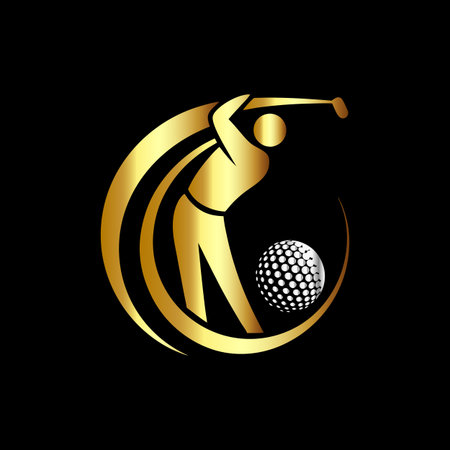 Golf club logo. Golden golf ball on the black background.のイラスト素材