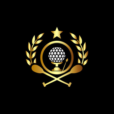 Golf club emblem. Golden golf ball and golf club emblem.のイラスト素材