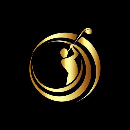 Golf club design template. Golden golf player silhouette on black background.のイラスト素材