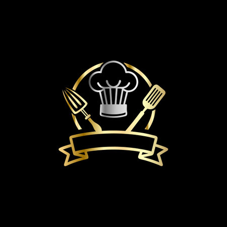 Restaurant logo. Vector illustration of restaurant logo with chef hat, fork and spatulaのイラスト素材