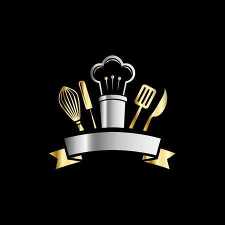 Illustration of a black background with a golden chef hat and a silver ribbonのイラスト素材