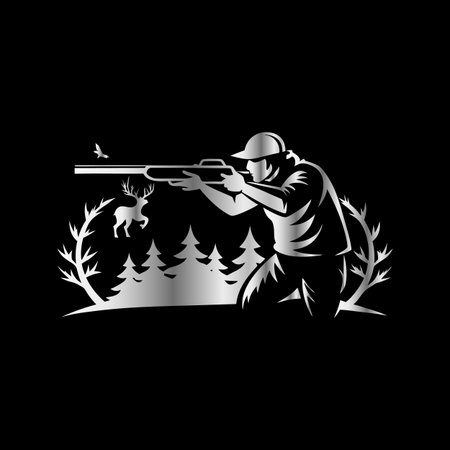 Hunter with hunting rifle and forest. Vector illustration on black background.のイラスト素材