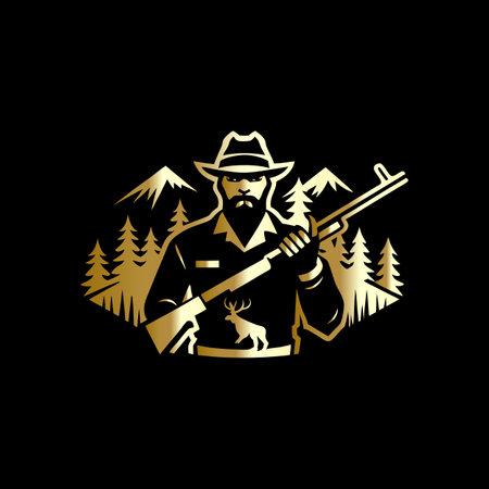 Hunter with gun and hunting gear. Vector illustration on black background.のイラスト素材
