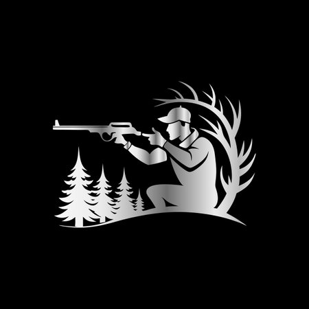 Hunting hunter with gun. Vector illustration on a black background.のイラスト素材