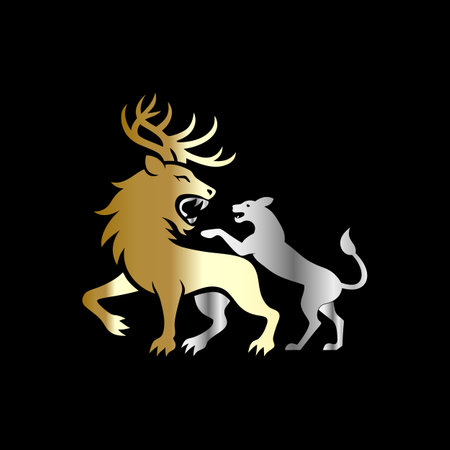 Lion and dog. Golden silhouette of a wild animal on a black background.のイラスト素材