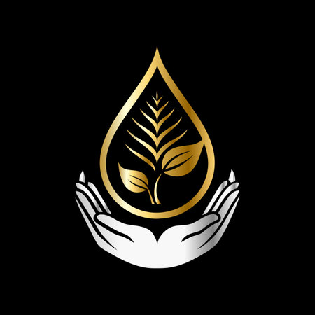Water drop with hand and leaf. Vector illustration on black background.のイラスト素材