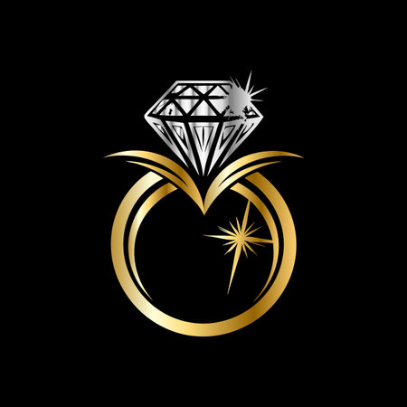 Diamond ring vector illustration. Golden ring with diamond on black background.のイラスト素材
