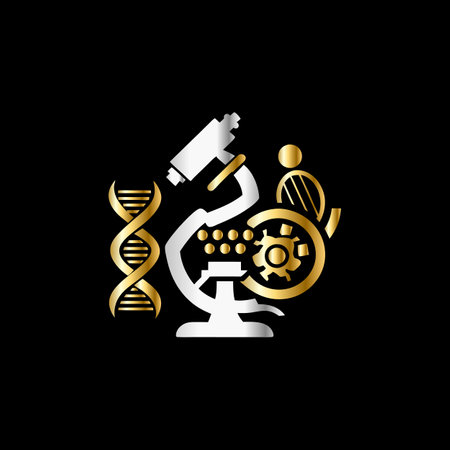 Scientific laboratory logo. Microscope, dna chain and human DNA. Vector illustration.のイラスト素材