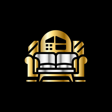 Sofa furniture logo. Vector illustration. Gold color on black backgroundのイラスト素材