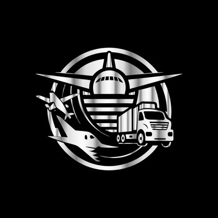 Logistic and transportation logo template. Vector illustration of a truck, plane, plane, bus, helicopter, train, truck.のイラスト素材