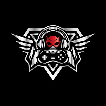 Devil esport gaming logo template vector. Headphones, joystick, gamepad, headset symbol.のイラスト素材
