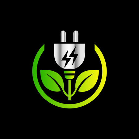 Green energy logo with electric plug and leaf on black background. Ecology concept. Vector...