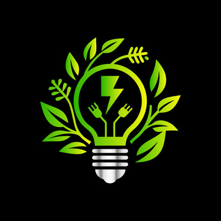 Green eco lightbulb with leafs and lightning. Vector illustration.のイラスト素材
