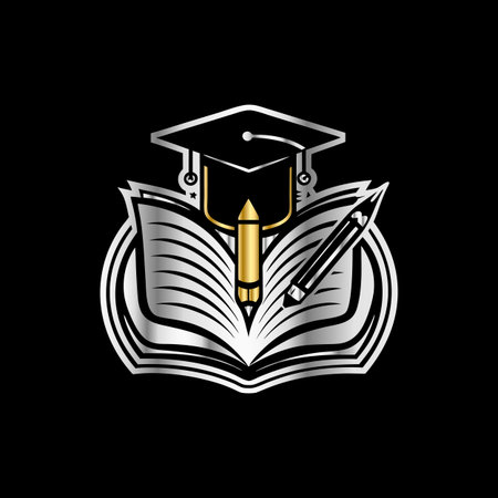 Graduation cap, pencil and open book. Vector illustration on black background.のイラスト素材