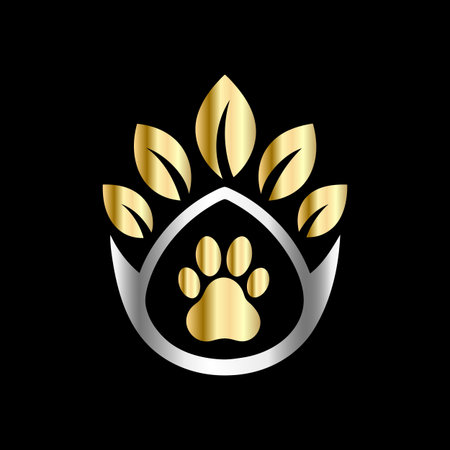 Golden paw with leaf. Logo for pet shop or veterinary clinic.のイラスト素材