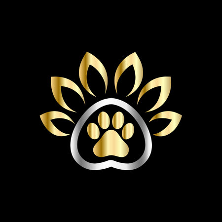 Golden paw with a pattern on a black background. Vector illustration.のイラスト素材