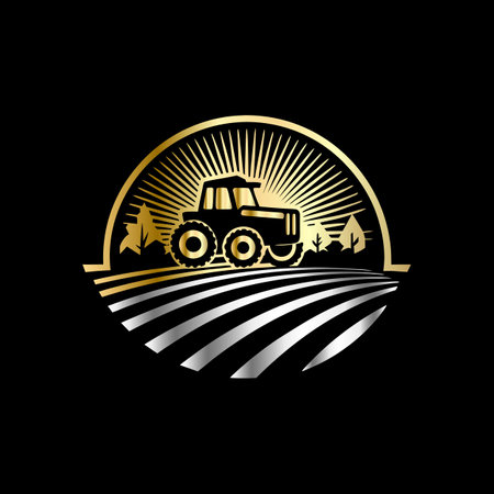 Agriculture logo. Vector illustration of tractor in the field.のイラスト素材