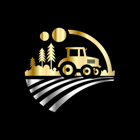 Agriculture logo. Vector illustration of tractor in the field.のイラスト素材