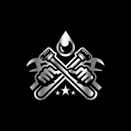 Crossed hammer and wrench icon. Vector illustration on black background.のイラスト素材