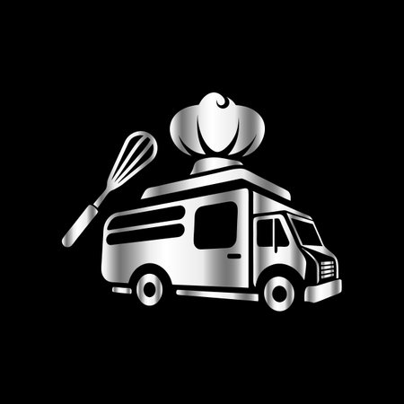 Food truck with chef hat and ladle on black background. Vector illustration.のイラスト素材