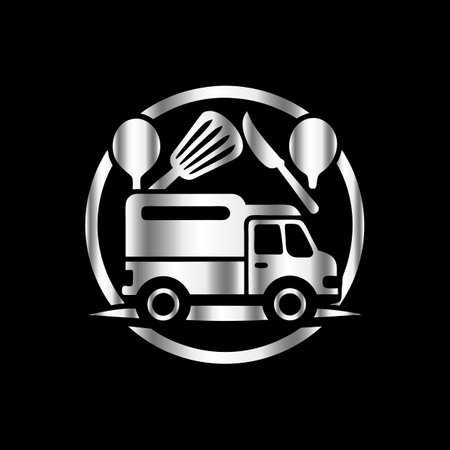 Food truck icon with silver color on a black background. Vector illustration.のイラスト素材