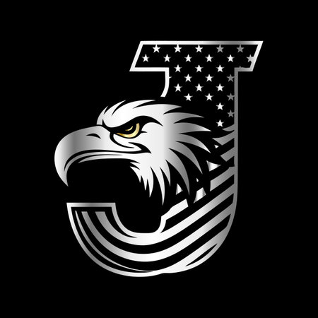 Letter J with Eagle head and American flag on black background. Vector illustration.のイラスト素材