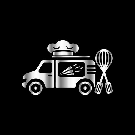 Food truck with chef hat and kitchen utensils. Vector illustration.のイラスト素材