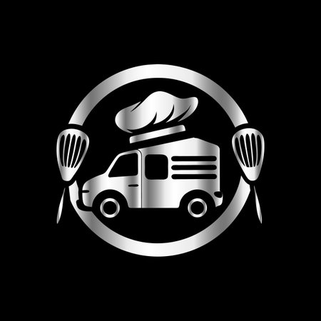 Food truck and chef hat on a black background. Vector illustration.のイラスト素材