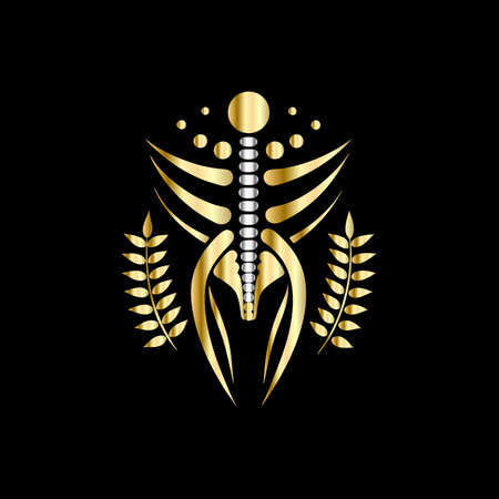 Human skeleton in gold laurel wreath on black background. Vector illustration.のイラスト素材