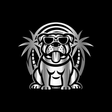 Bulldog with sunglasses and palm trees. Vector illustration on black background.のイラスト素材
