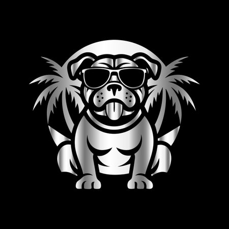 Bulldog with palm trees. Vector illustration on a black background.のイラスト素材