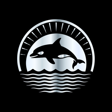 Illustration of a dolphin in a circle on a black background.のイラスト素材