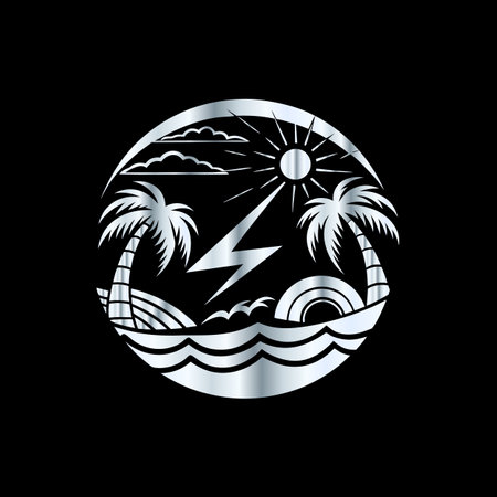Electricity Logo with palm tree, sun and waves. Vector illustration.のイラスト素材