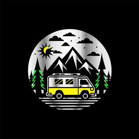 Camping trailer in the mountains. Vector illustration on dark background.のイラスト素材