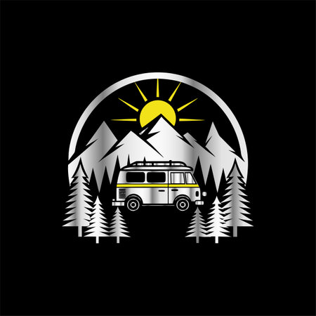 Camping bus with mountains and pine trees. Vector Illustration.のイラスト素材